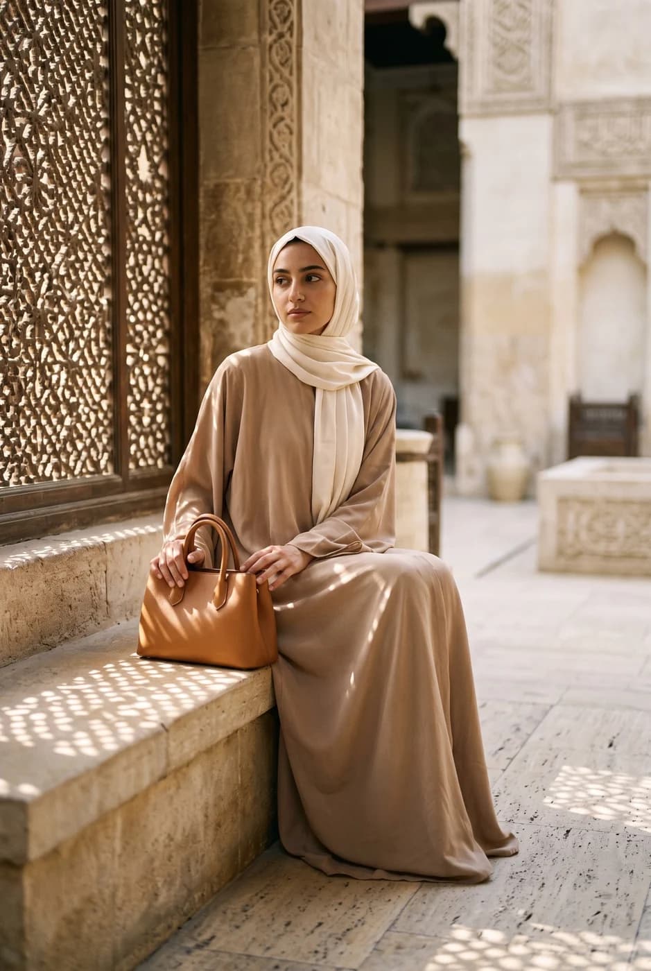 امرأة بعباية بيج وحجاب كريمي جالسة في فناء تراثي وظلال مشربية على الأرض